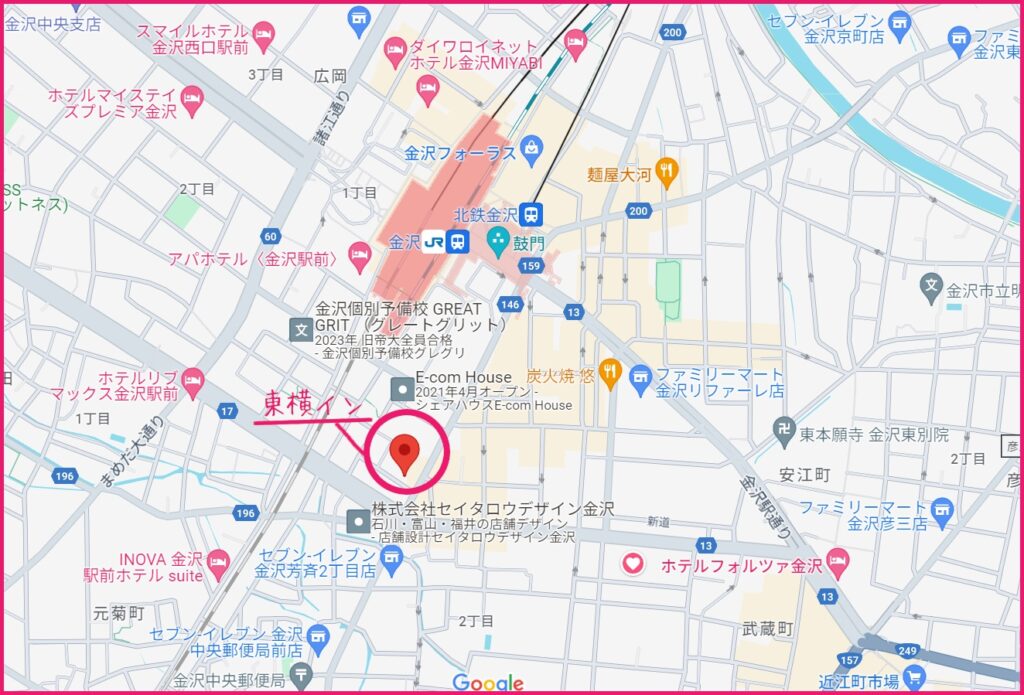 東横イン金沢駅東口の場所、地図